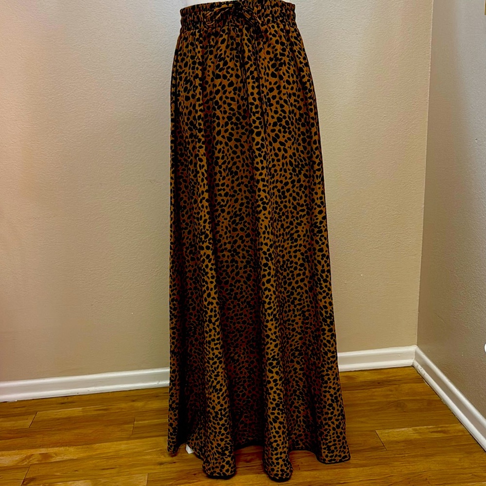 Brown and Black Leopard A-Line Maxi Skirt with Tie Front